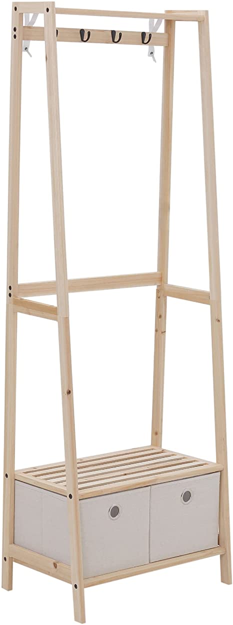 HOMCOM Perchero de Madera con Zapatero de 2 Estantes Perchero de Pie con 2 Cajones de Tela 4 Ganchos y Barra para Colgar Ropa Bolsas para Entrada Salón 58x36x168 cm Natural