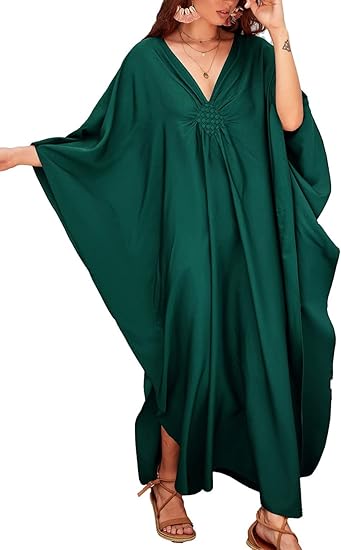 Bsubseach Women Solid Color Cover Up V Neck Batwing Sleeve Plus Size Beach Kaftan Dresses