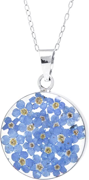 Sterling Silver Pressed Flower Round Pendant Necklace, 16"