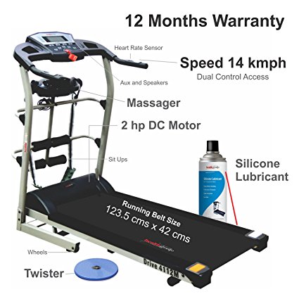 Healthgenie 4in1 Motorized Treadmill 4112M with Free Massager, Tummy Twister & Silicone Lubricant 550ml, Max Speed 14 Kmph - 12 Months Warranty