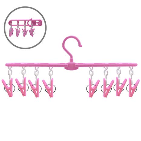 Rabbitroom Folding Plastic Clothing Hangers with Removable Clips, Collapsible Clothes Drying Rack Drip Hanger for Home Travel Camping - 360°Rotating Hook, Pink