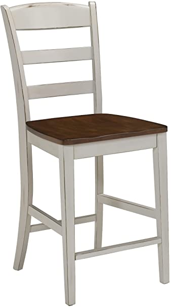 Home Styles Solid Wood Counter Bar Stool 24 inch High, Monarch Antique White with Distressed Oak Finish, Contoured Seat, Curved Legs, Shabby Chic Style