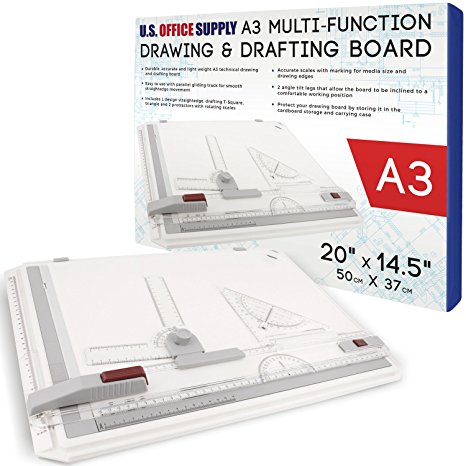 U.S. Office Supply 20 inch x 14.5 inch (A3) Multi-Functional Drawing Board Set with Assorted Drawing & Drafting Tools