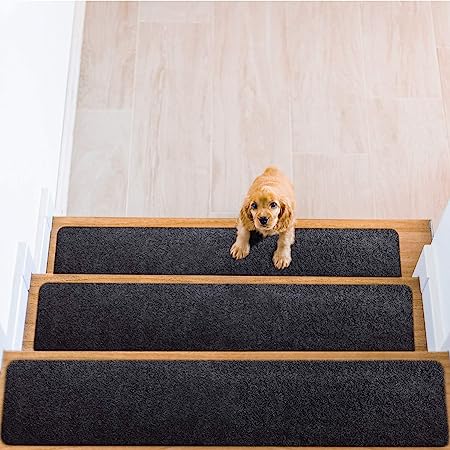 Delxo Non Slip Carpet Stair Treads, 8''x30'' Set of 14,Rug Non Skid Stair Runner for Wooden Steps. Safety Slip Resistant for Kids, Elders, and Dogs,Pre Applied Adhesive (Black)