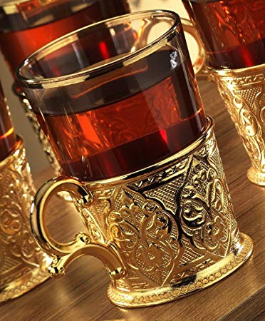 Demmex CopperBull 2018 Unique Decorated Tea Coffee Glass Cup with Holder, 200ml (Gold - Single)