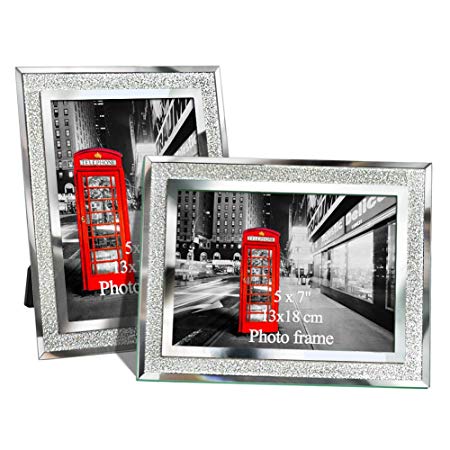 Amazing Roo 5x7 Mirrored Edged Glass Photo Frame Silver Bling Glitter Picture Frame Set of 2