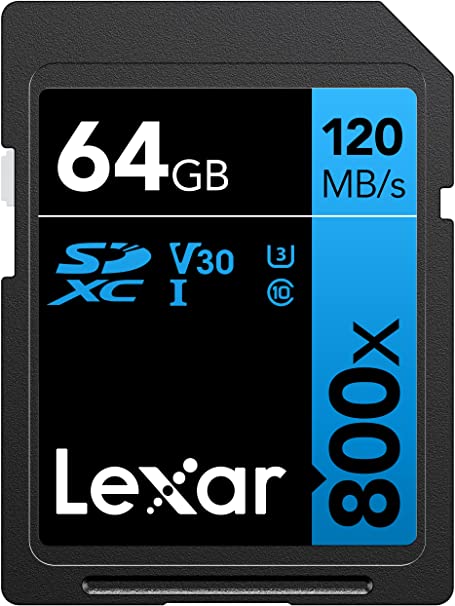 Lexar High-Performance 800x SD Card 64GB, SDXC UHS-I Memory Card BLUE Series, Class 10, U3, V30, Up to 120MB/s Read, for Point-and-shoot Cameras, Mid-range DSLR, HD Camcorder (LSD0800064G-BNNAG)