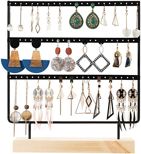 DHMK Earring Stand Display Rack 3-Tier Ear StandJewelry Organizer Ear Stud Earring Stand 69 Holes with Wood Base Stand Display Rack for Women Girls Gift Ear Stud Holders (Black)