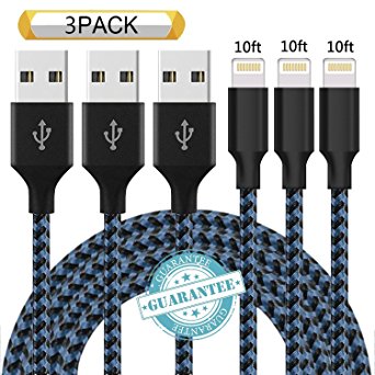 DANTENG Lightning Cable 3Pack 10FT Nylon Braided Certified iPhone Cable USB Cord Charging Charger for Apple iPhone X, 8, 7, 7 Plus, 6, 6s, 6 , 5, 5c, 5s, SE, iPad, iPod Nano, iPod Touch (BlackBlue)