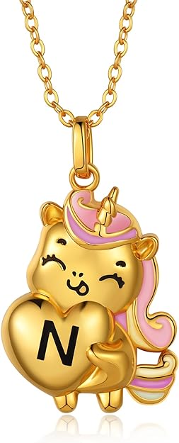 AllenCOCO Christmas Gifts Unicorn Gifts for Girls - Dainty 18K Gold Over Heart Initial Unicorn Necklace Kids Toys Rainbow Unicorn Letter Pendant Necklace Birthday Jewelry Gifts Ideas for Little Girls