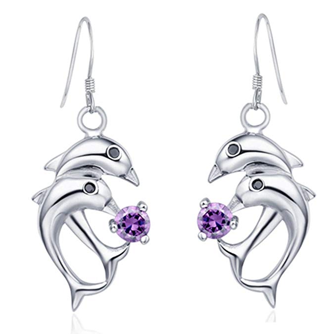 FENDINA Womens 925 Sterling Silver Plated Swarovski Element Crystal Cute Double Dolphin Drop Dangle Earrings