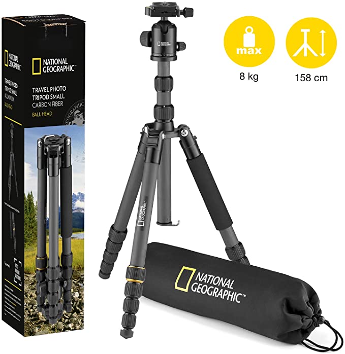 National Geographic Travel Photo Tripod Kit with Monopod, Carbon Fibre, 5-Section Legs, Twist Locks, Load up 8kg, Carrying Bag, Ball Head, Quick Release, NGTR004TCF [Amazon Exclusive]