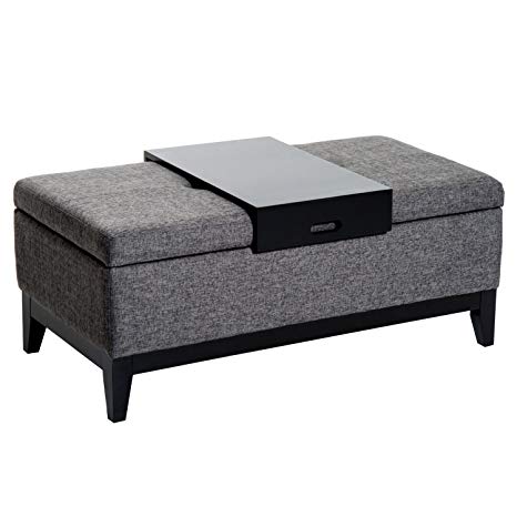 HomCom 42” Linen Fabric Rectangular Storage Ottoman Bench with Tray (Grey)