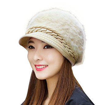 HINDAWI Women Girls Fluffy Knit Hat Crochet Winter Warm Snow Cap with Visor