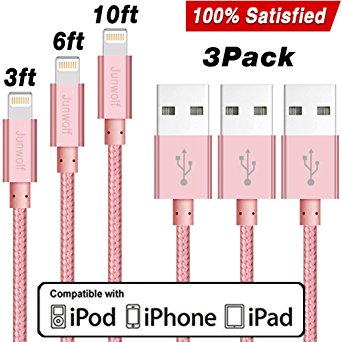 Junwolf Extra Long Nylon Braided Charging Cable Cord 8-Pin Lightning to USB Cable Charger Compatible with iPhone 7/7 Plus/6/6S/6 Plus/6S Plus, 5/5S/5C, iPad, iPod - Rose Gold - 3 Piece