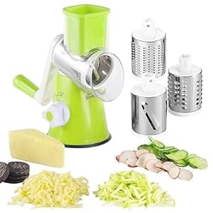 Tabletop Drum Grater | Handheld Rotary Slicers for Vegetables Cheese Grater Shredder Veggie Mandoline Slicer Chopper 3 in 1 Stainless Steel(Multicolor)