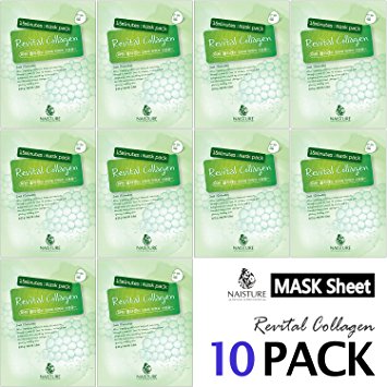 Collagen Facial Sheet Mask Pack (10 Sheets) Face Treatment [NAISTURE] Essence Face Masks - 15 Minute Application For Moisturizing Revitalizing Hydration 0.8 oz, Made in Korea - Revital Collagen