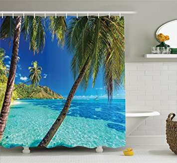 Ocean Shower Curtain by Ambesonne, Image of a Tropical Island with the Palm Trees and Clear Sea Beach Theme Print, Fabric Bathroom Decor Set with Hooks, 70 Inches, Turquoise Blue