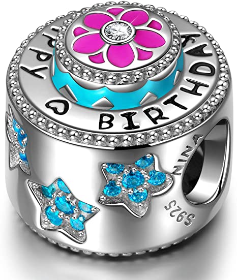 NINAQUEEN "Happy Birthday" 925 Sterling Silver Bead Charms, 5A Cubic Zirconia and Hand-applied Enamel, Jewelry Box included for Gift, Compatible with Charms Bracelet and Necklace