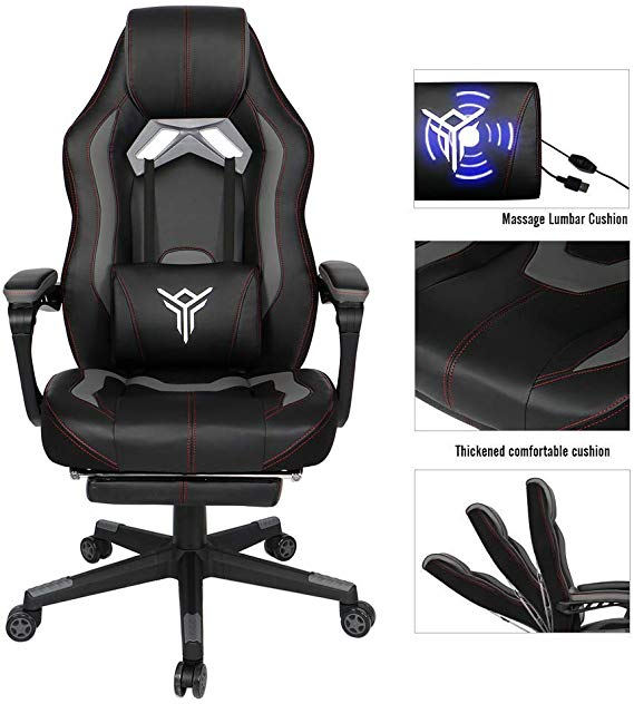 PULUOMIS Gaming Chair with Massage, Ergonomic Video Game Chair with Footrest & Lumbar Pillow, High Back Swirl Computer Chair for Office(Grey)