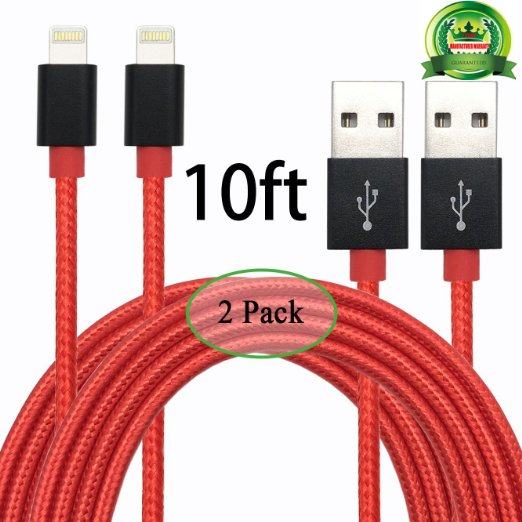E-COMMERCE 2pcs 10ft 8PIN Lightning Cable Nylon Braided Charging Cable Extra Long USB Cord for iphone 6s6s plus6plus65s 5c 5iPad Mini AiriPad5iPod 7on iOS9Red