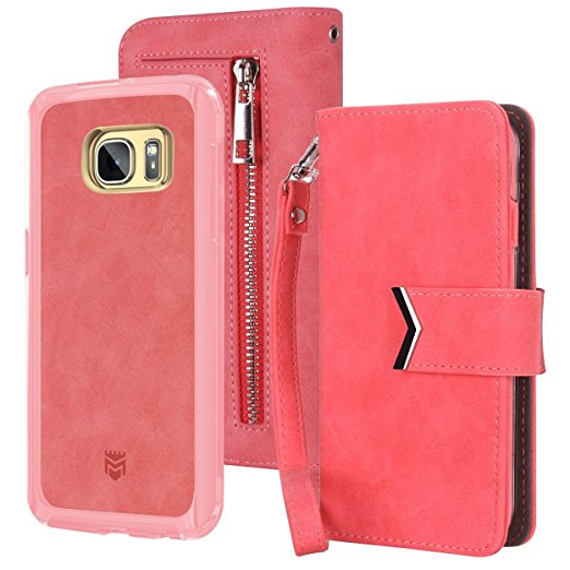 Majesticase Samsung Galaxy S7 Wallet Case Premium Suede Leather Wristlet & Detachable Removable Magnetic Hybrid Protective Shell Cover & Back Zipper   Removable Strap - Coral Pink