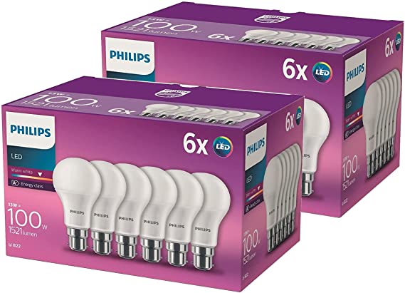 Philips LED Frosted Light Bulbs, B22 Bayonet Cap, 13W (100W Equivalent) - Non-Dimmable, Warm White, 2X Pack of 6 (12 Total)