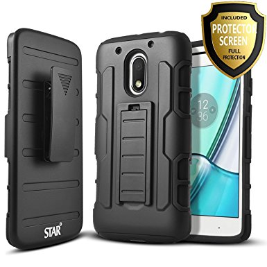 Moto G4 Play Case, Moto G Play / Moto E3 Case, Starshop [Heavy Duty] Dual Layers with Kickstand and Locking Belt Clip With Screen Protector (Black)