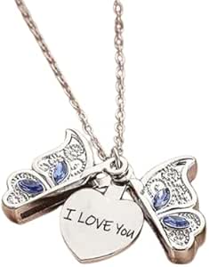 Heart Butterfly Locket Necklace with hidden I Love You Message, Blue/purple