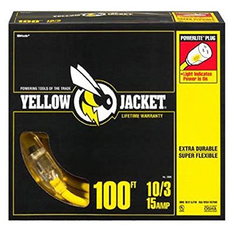 Yellow Jacket 2806 10/3 Heavy-Duty 15-Amp SJTW Contractor Extension Cord with Lighted End, 100-Feet