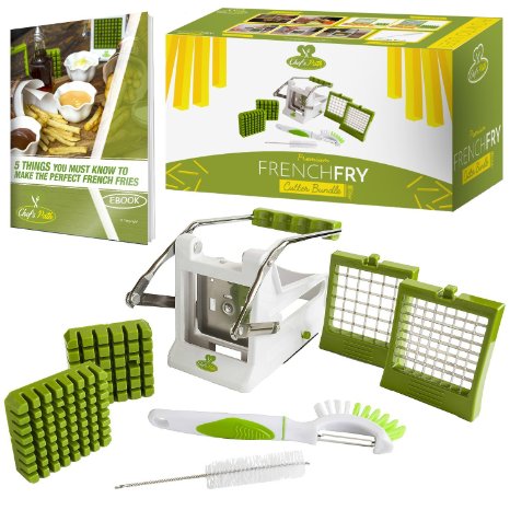 Premium French Fry Cutter/Potato Slicer Complete Bundle Includes 3-in-1 Peeler/brush & Cleaning Brush 2 Blades Suction Base Free ebook Perfect fit For Kitchen Homemade Fries