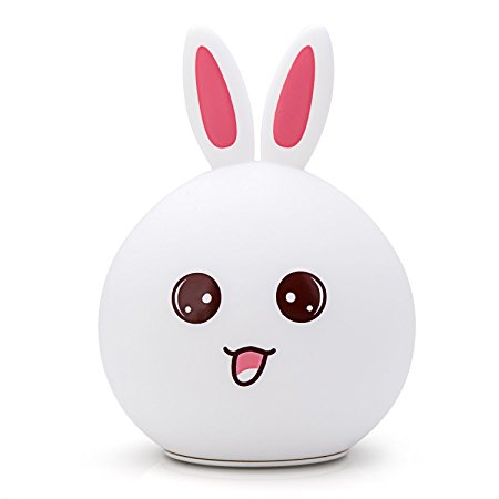 GoLine Bunny LED Children Night Light, Cute Rabbit Multicolor Silicone Soft Baby Nursery Lamp, Tap Control, Warm White/7-Color Breathing/Static Color 3 Light Modes, 12-hour Portable Use.(NL011-PK)