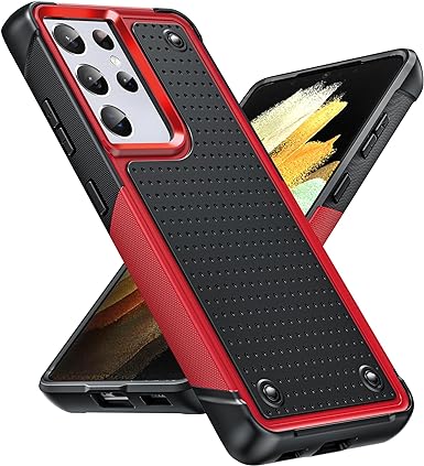 LeYi for Samsung S21 Ultra Case 5G, Galaxy S21 Ultra Phone Case, Shockproof Heavy Duty Dual Layer Protective Hard PC Textured Back & Soft Bumper Case for Samsung S21 Ultra G998U, Red