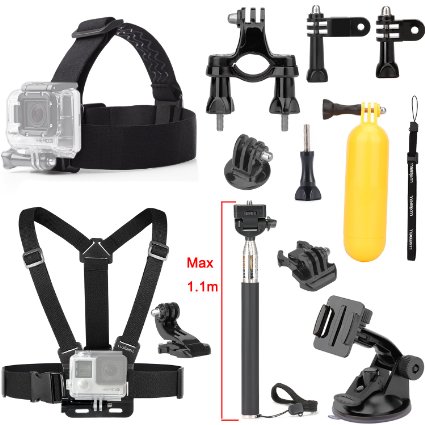 Luxebell 9-in-1 Basic Common Accessories for Gopro Hero 4 Session Black Silver Hero Lcd 3 3 2 Camera and Sjcam Sj4000 Sj5000 - Chest Harness Mount  Head Strap  Floating Grip Suction Cup