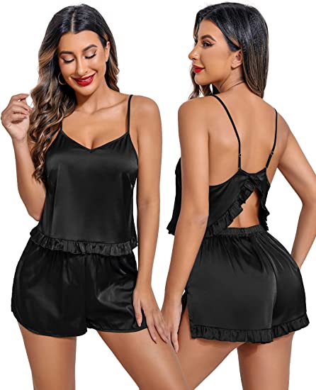 Avidlove Sexy Silk Pajama Set for Women V-Neck Ruffled Satin Sleepwear Solid 2 Piece Cami Shorts Set