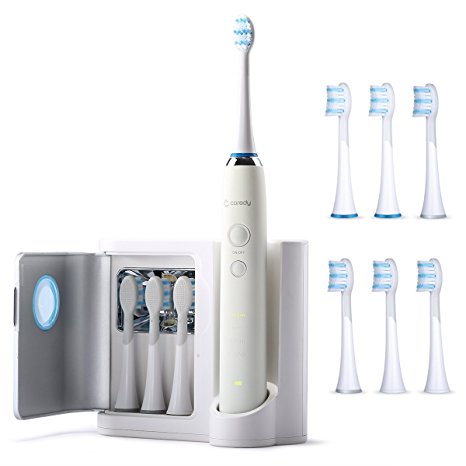 Sonic Electric Toothbrush, Coredy Power Electric Rechargeable Toothbrush with UV Sanitizer and Charger, 6 Replacement brush Heads Included, 4 Brushing Modes (CLEAN, SOFT, WHITEN, MASSAGE)-Ivory White