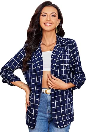 Milumia Women's Open Front Blazer Casual Lightweight Plaid Roll Up Sleeve Jacket Shirt