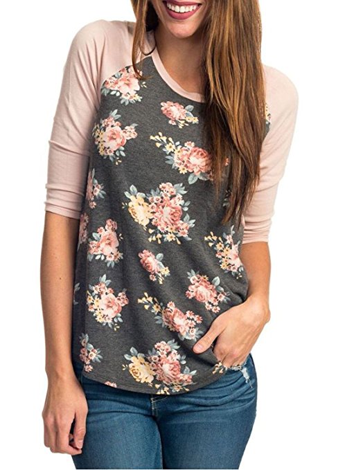 FARYSAYS Women's Casual Crew Neck Striped 3 4 Sleeve Floral Print Tee Shirt Blouse Tops (S-XXL)