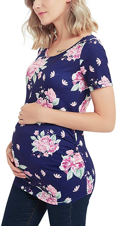 GINKANA Short Sleeve Maternity Tops Shirts Floral Ruched Sides Casual Mama Pregnancy Blouses Clothes