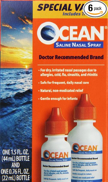 Ocean Saline Nasal Spray, Buddy Pack, 1.5 Ounce & 0.76 Ounce Bottles(Pack of 6)