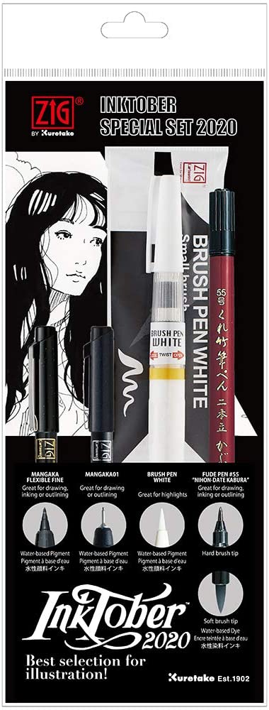 Kuretake Zig INKTOBER Special Set, 2 Brush Pens and 2 Fineliner Pens for Manga Drawing, Lettering and Calligraphy, Flexible Brush Tip, Professional Artist Quality, Non Toxic, Odourless, Made in Japan