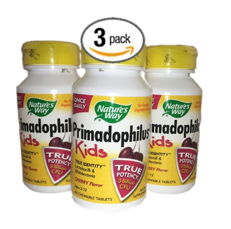 Bundle Pack of 3 Natures Way Once-A-Day Primadophilus Kids Cherry Flavored Chewable Probiotic Digestive Health (180 Total Chewable Tablets)