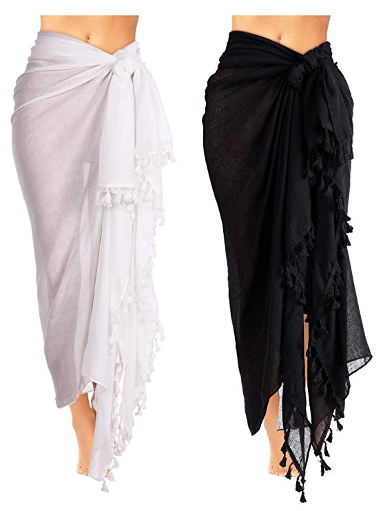 2 Pieces Women Beach Batik Long Sarong Swimsuit Cover up Wrap Pareo with Tassel for Women Girls