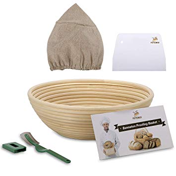 10 Inch Bread Proofing Basket - Banneton Proofing Basket   Cloth Liner   Dough Scraper   Bread Lame   Starter Recipe Set - Sourdough Basket Set For Professional and Home Bakers Artisan Bread Making