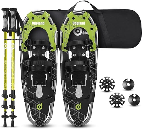 Odoland 4-in-1 Snowshoes for Men Women Youth Kids with Trekking Poles, Waterproof Snow Leg Gaiters and Carrying Tote Bag, Lightweight Snow Shoes Easy to Wear Aluminum Alloy, Size 21''/25''/30''