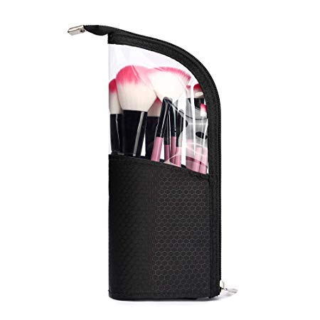 HaloVa Cosmetic Bag, Toiletry Bag, Makeup Brush Holder, Travel Brushes Cup Case, Artist Pencil Pen Case Dust-proof Storage Pouch, Black, Transparent