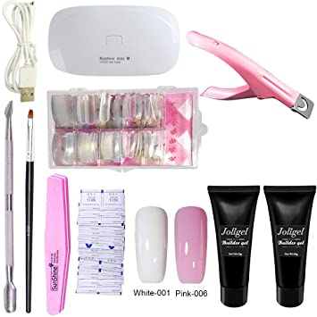 Joligel Polygel Nail Starter Kit With UV/LED Lamp, 2 Colors Gel   Nail Extension Forms Tips   3-Way Tip Clipper   Cuticle Pusher   Brush   Buffer   Remover Wraps (White & Pink for French Manicure)
