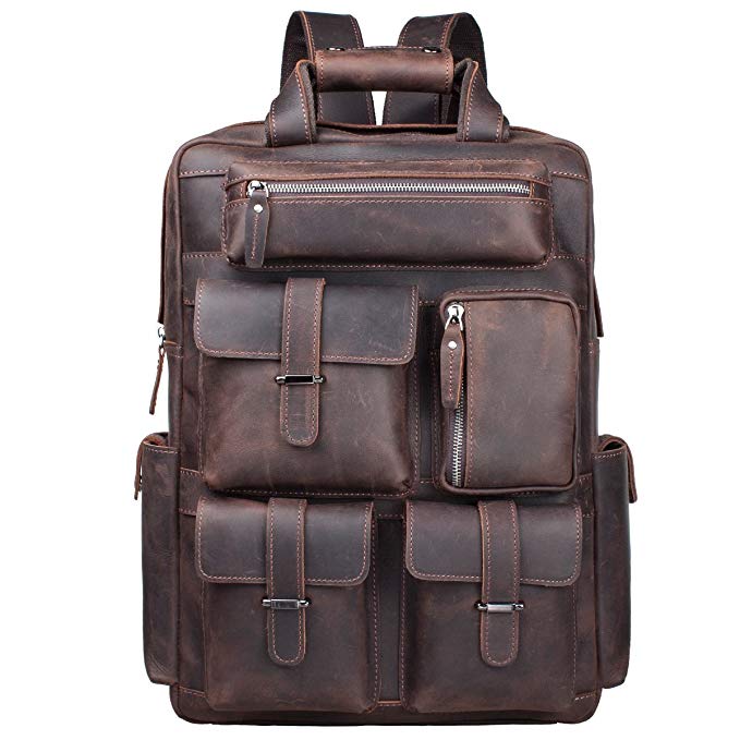 S-ZONE Vintage Crazy Horse Genuine Leather Backpack Multi Pockets Travel Bag