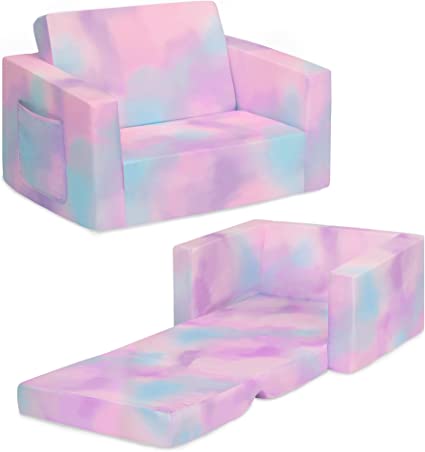 Delta Children Cozee Flip-Out Chair - 2-in-1 Convertible Chair to Lounger for Kids, Pink Tie Dye