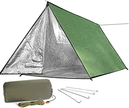 Wild Must:LYN Extra Large 3 Person Dual Zipper Reusable Survival Emergency Tent ,Thermal Waterproof Fireproof with Paracord✚Grommets✚Whistle for Camping,First Aid,Tarp,Hiking,Bushcraft&Mountaining